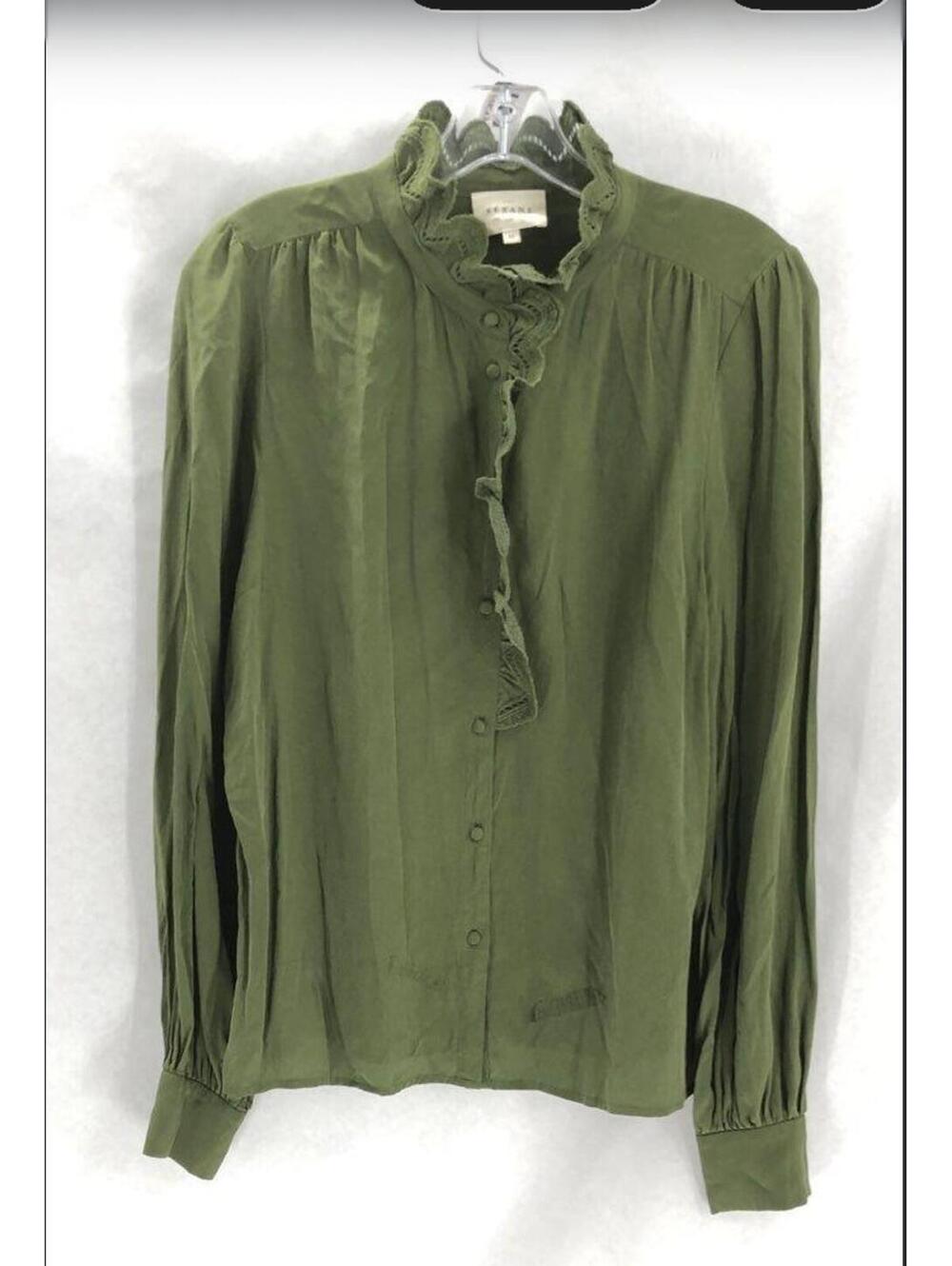 Sézane Green Silk Ruffled Collar Blouse Size 40 FLAW